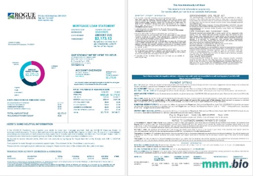 USA Oregon Rogue Bank wyciąg z kredytu hipotecznego w formatach Word i PDF, 4 strony 1-2
